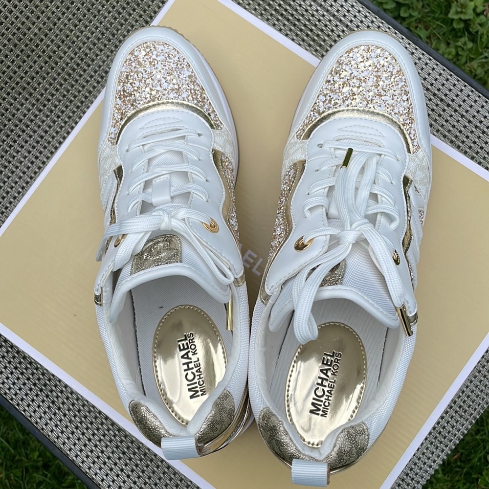 Michael Kors Crysta trainer pale gold chunky glitter wedge shoes sneakers 9.5 - Picture 9 of 10
